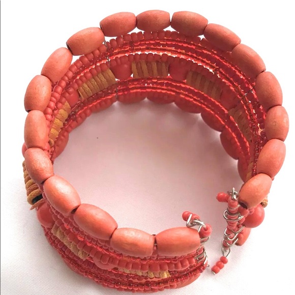Orange Beaded Bangle Cuff Bracelet Wood - Picture 2 of 4